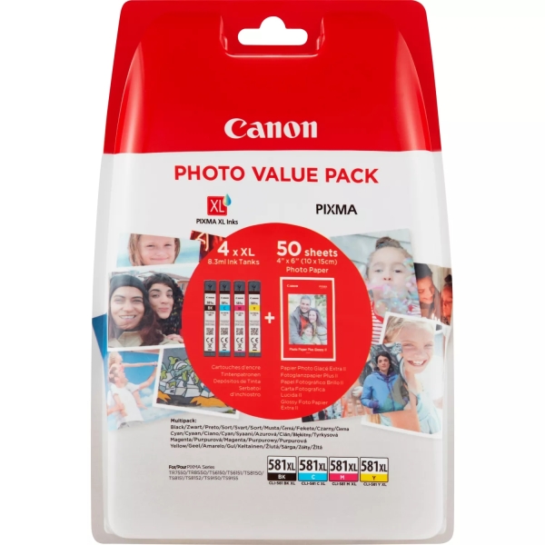 CARTUCHO ORIGINAL Canon CLI581XL Pack de 4 Cartuchos de Tinta Originales - 50 Hojas de Papel Fotografico - 2052C004/2052C006