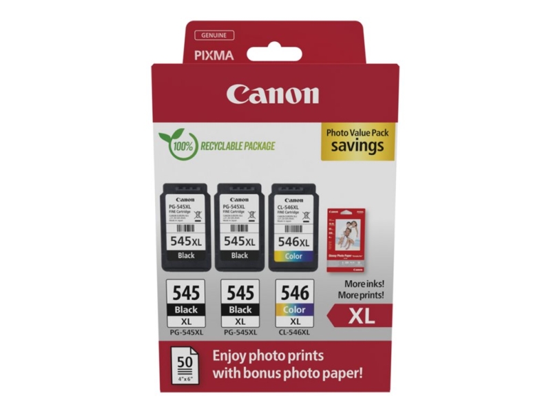 CARTUCHO ORIGINAL Canon PG545XL Negro + CL546XL Color Pack de 3 Cartuchos de Tinta Originales + 50 Hojas de Papel Fotografico - 8286B015