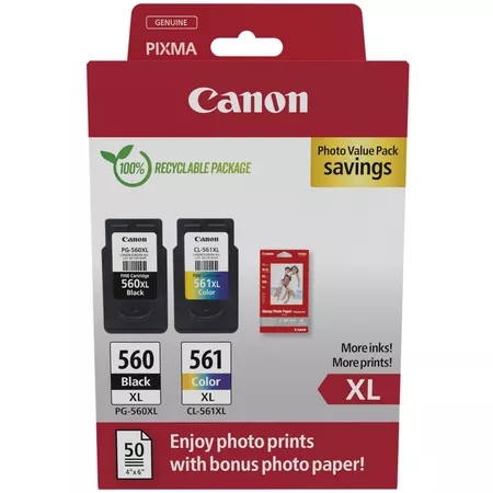 CARTUCHO ORIGINAL Canon PG560XL Negro + CL561XL Color Pack de 2 Cartuchos de Tinta Originales - 50 Hojas de Papel Fotografico - 3712C008/3712C004