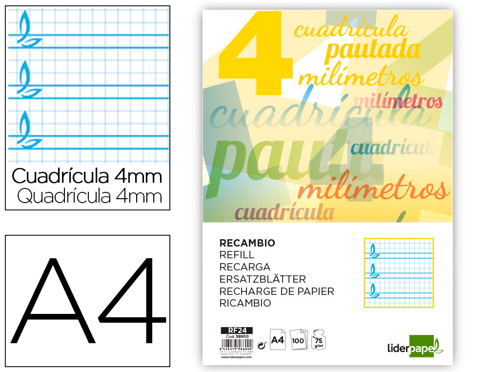 RECAMBIO LIDERPAPEL FOLIO PAUTAGUIA 100 HOJAS CUADRICULADO ***PAUTA GUIA 4MM*** REF: 58600