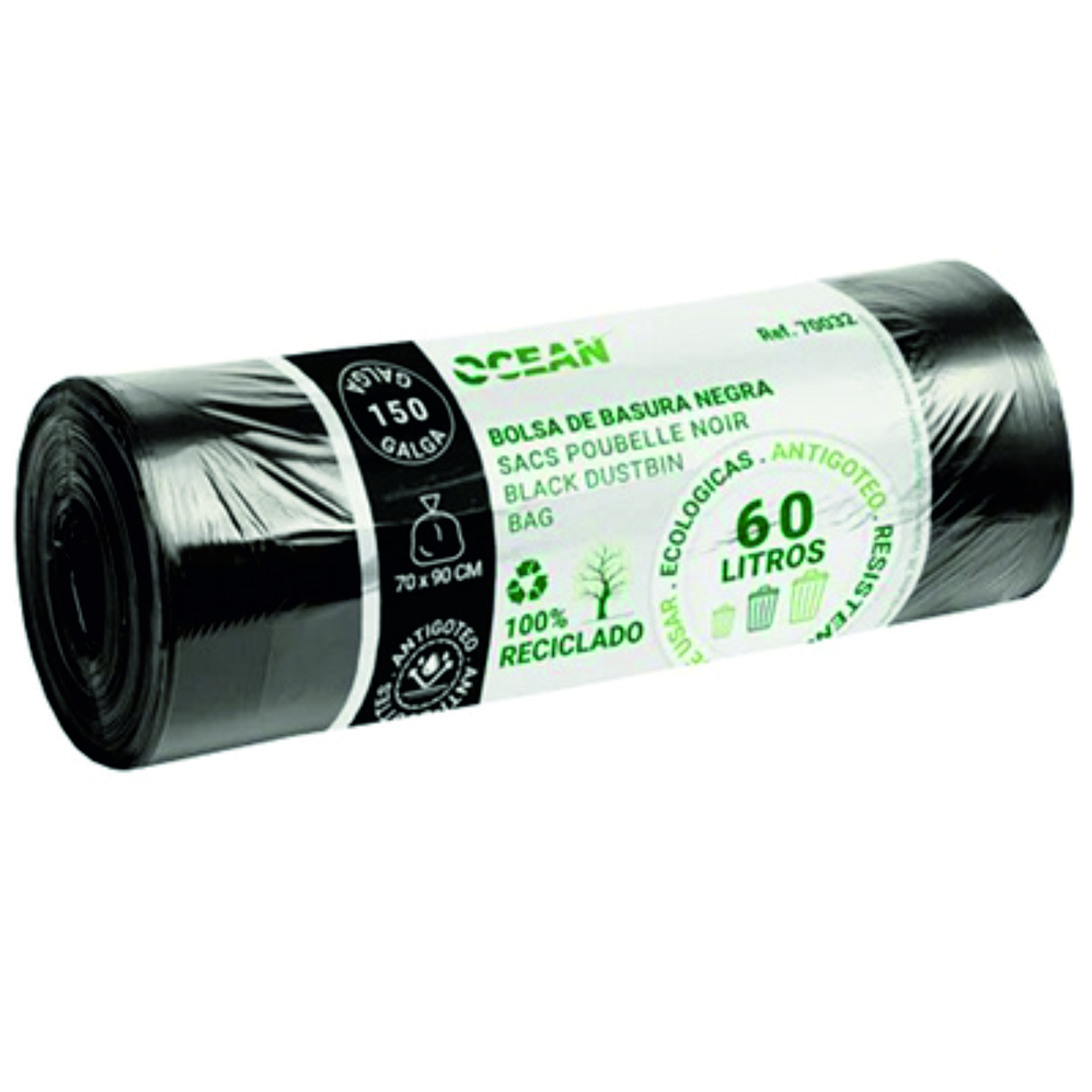 ROLLO 10 BOLSA DE BASURA INDUSTRIAL DE 70X90CM DE 60 LITROS COLOR NEGRO DE 100 GALGAS