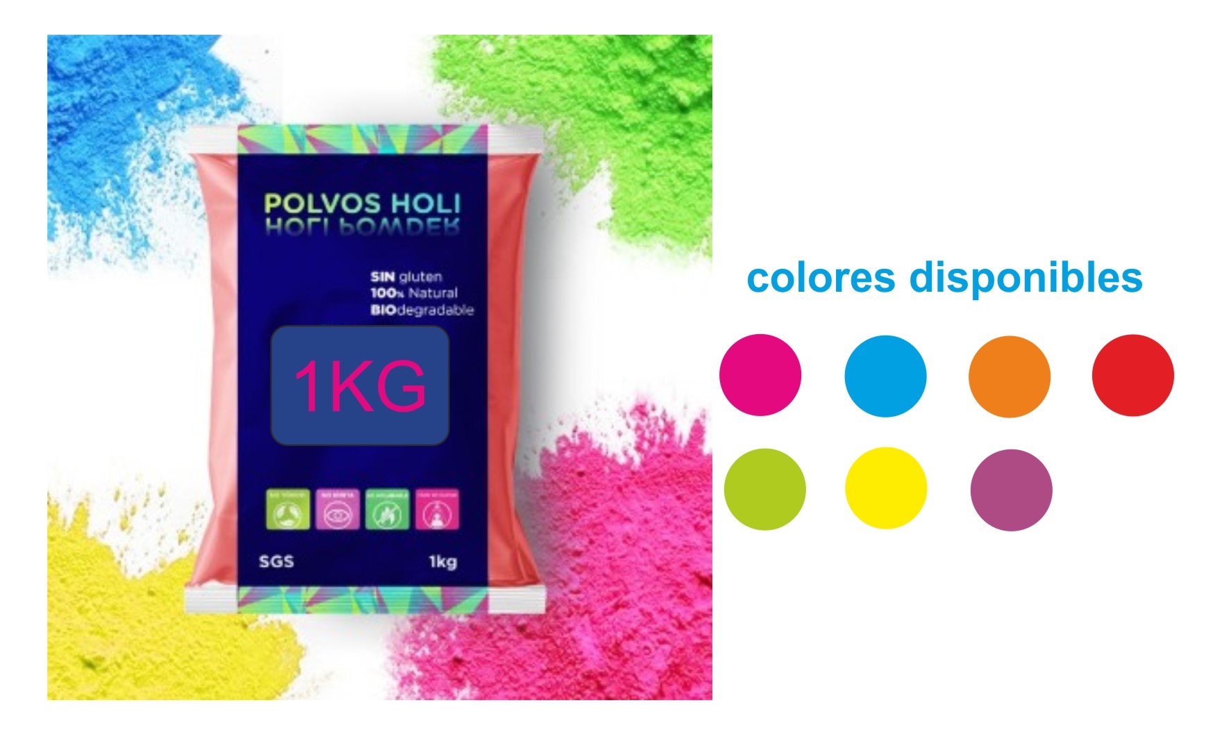 SACO DE 1KG DE POLVOS FIESTA HOLI COLORES A ELEGIR